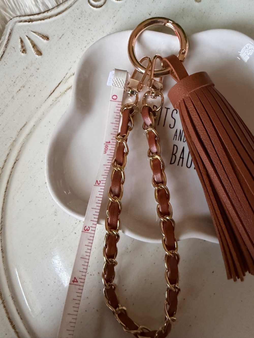 Brown Faux Leather Tassel Keychain with Gold Chain - Picture 5 of 7